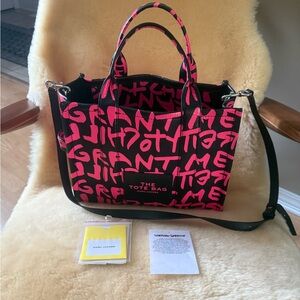Marc Jacobs Bold Pink Graffiti Canvas Tote with Black Accents